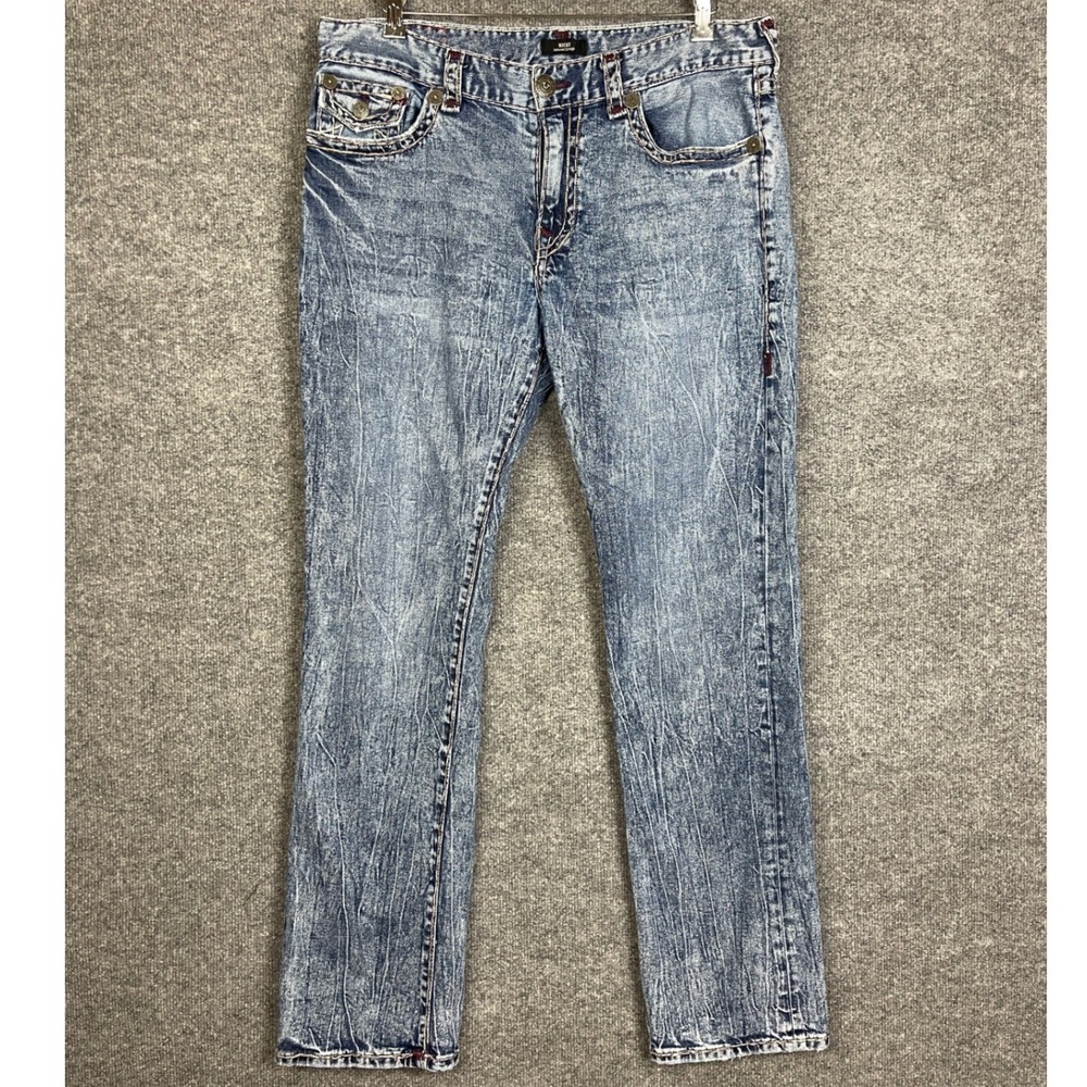 True Religion Ricky Relaxed Straight Jeans Mens 36 Blue Excellent Acid Wash
